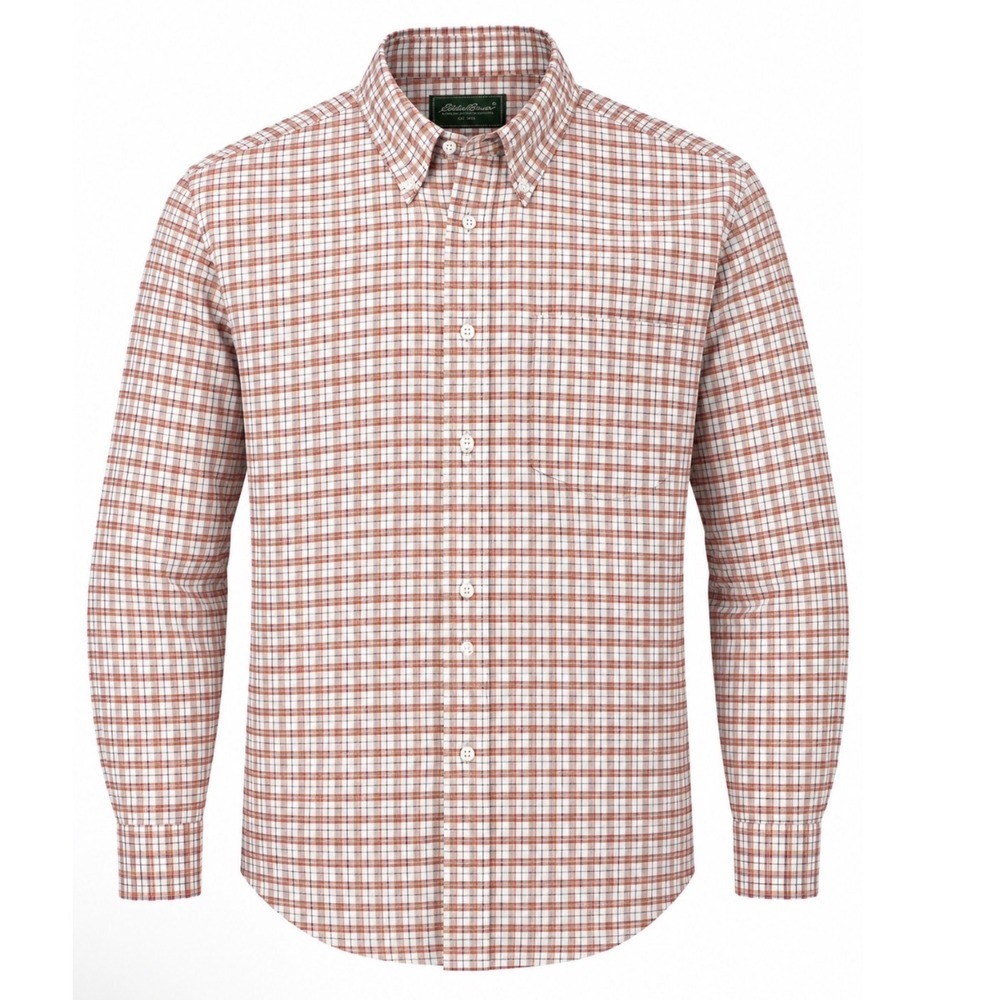 Eddie Bauer Mens Large Plaid Cotton Button Down Shirt Orange White Long Sleeve